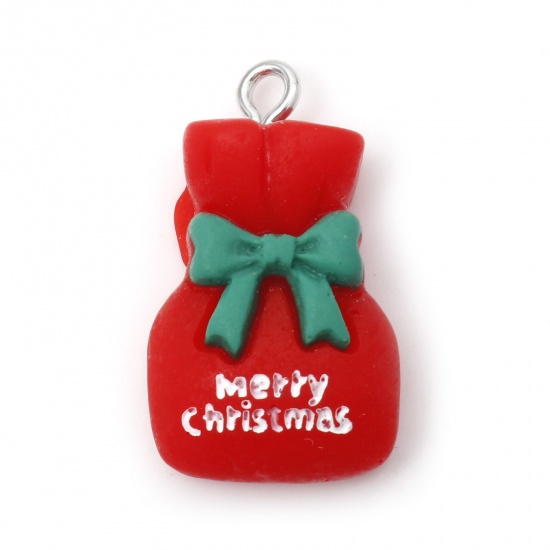 Immagine di Resina Natale Charms Natale Sacchetto di Regalo Tono Argento Rosso 26mm x 15mm, 10 Pz