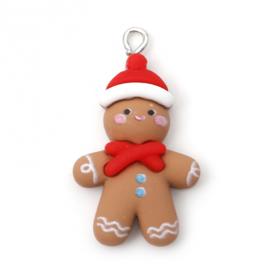 Immagine di Resina Natale Ciondoli Tono Argento Marrone Ginger Bread Man di Natale 3.3cm x 1.9cm, 10 Pz