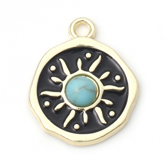 Picture of Zinc Based Alloy Boho Chic Bohemia Charms Gold Plated Black Round Sun With Resin Cabochons Imitation Turquoise 22mm x 18mm, 10 PCs