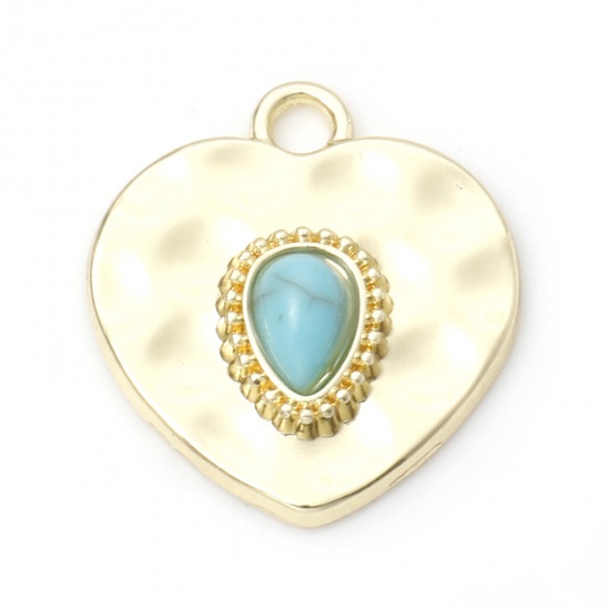 Picture of Zinc Based Alloy Boho Chic Bohemia Charms Gold Plated Heart With Resin Cabochons Imitation Turquoise 20mm x 18mm, 10 PCs