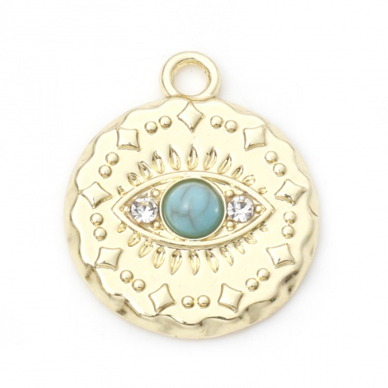 Picture of Zinc Based Alloy Boho Chic Bohemia Charms Gold Plated Round Eye With Resin Cabochons Imitation Turquoise 21mm x 18mm, 10 PCs