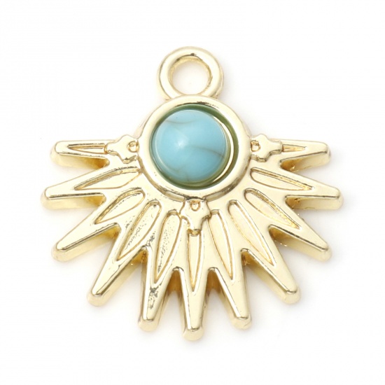 Picture of Zinc Based Alloy Boho Chic Bohemia Charms Gold Plated Sun Rays With Resin Cabochons Imitation Turquoise 20mm x 20mm, 10 PCs