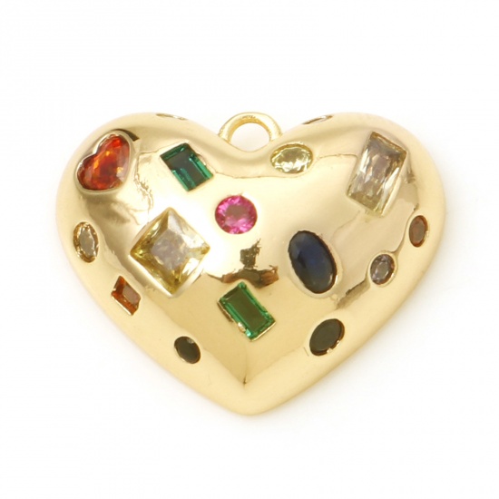 Imagen de Cobre día de San Valentín Colgantes Charms Corazón Oro lleno Micro Pave Multicolor Circón Artificial 18mm x 15mm, 1 Unidad