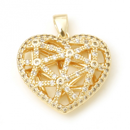 Imagen de Cobre día de San Valentín Colgantes Charms Corazón Oro lleno Micro Pave Claro Circón Artificial 23mm x 21mm, 1 Unidad