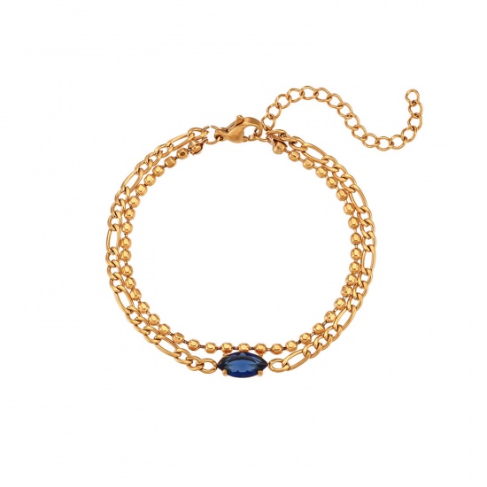 Bild von 304 Edelstahl Stilvoll Figaro Kette Mehrschichtiges Armband Vergoldet Marquise Blau Strass 15cm lang, 1 Strang