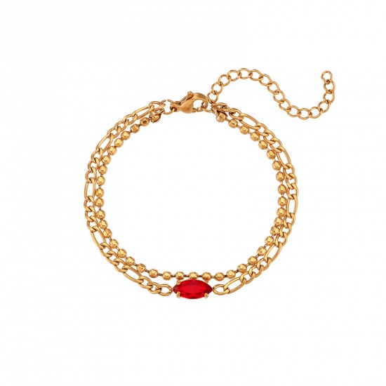 Bild von 304 Edelstahl Stilvoll Figaro Kette Mehrschichtiges Armband Vergoldet Marquise Rot Strass 15cm lang, 1 Strang