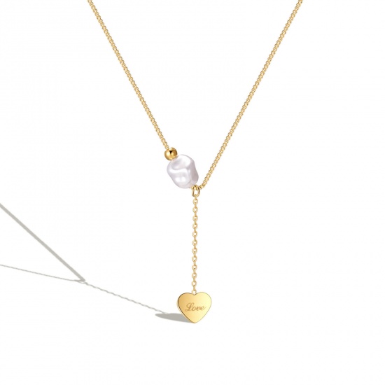 Bild von 304 Edelstahl Stilvoll Gliederkette Kette Halskette Vergoldet Weiß Barocke Herz Imitat Perle 45cm lang, 1 Strang