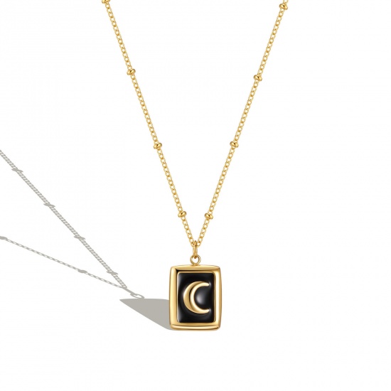 Bild von 304 Edelstahl Stilvoll Gliederkette Kette Halskette Vergoldet Schwarz Rechteck Mond Emaille 45cm lang, 1 Strang