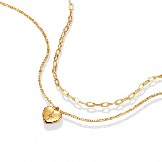 Bild von 304 Edelstahl Stilvoll Gliederkette Kette Mehrschichtige Halskette Vergoldet Herz 45cm lang, 1 Strang