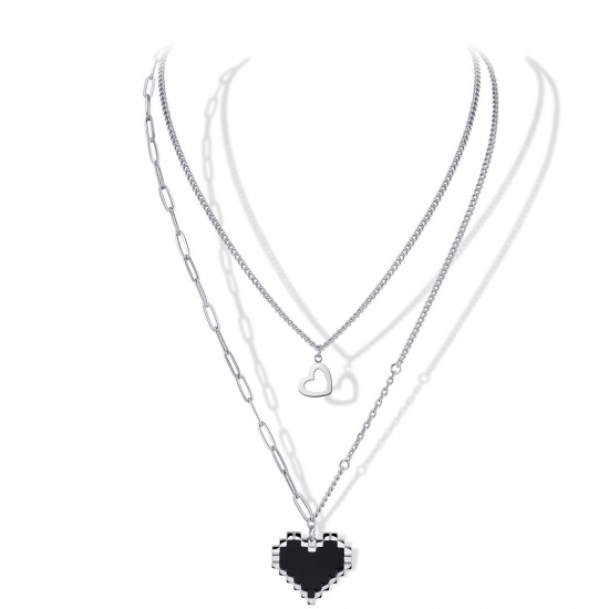 Bild von 304 Edelstahl Stilvoll Gliederkette Kette Mehrschichtige Halskette Silberfarbe Herz 45cm lang, 1 Strang
