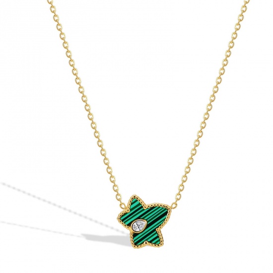 Immagine di 304 Acciaio Inossidabile Elegante Cavo Catena Collana Oro Placcato Verde Stella Imitazione Malachite Trasparente Strass 45cm Lunghezza, 1 Pz