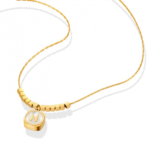 Bild von 304 Edelstahl Stilvoll Gliederkette Kette Halskette Vergoldet Weiß Rund Message " H " Imitat Muschel 45cm lang, 1 Strang