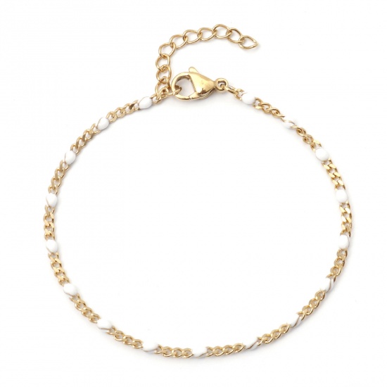 Picture of 304 Stainless Steel Cuban Link Chain Bracelets Gold Plated White Enamel 17cm(6 6/8") long, 1 Piece