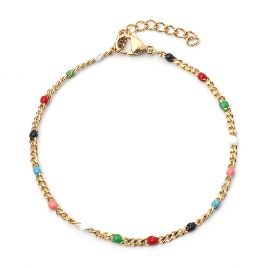 Picture of 304 Stainless Steel Cuban Link Chain Bracelets Gold Plated Multicolor Enamel 17cm(6 6/8") long, 1 Piece