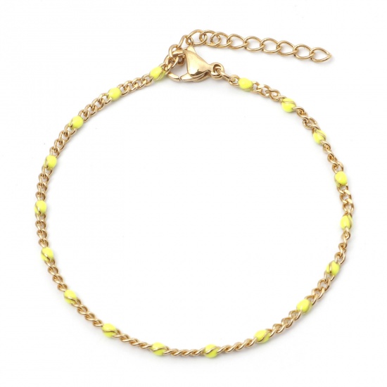 Picture of 304 Stainless Steel Cuban Link Chain Bracelets Gold Plated Neon Yellow Enamel 17.5cm(6 7/8") long, 1 Piece