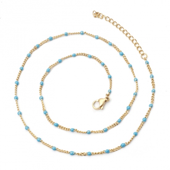 Imagen de 304 Acero Inoxidable Cadena de Eslabones Cubanos Collares Chapado en Oro Azul Esmalte 45cm longitud, 1 Unidad