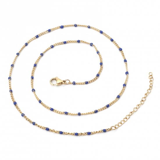 Immagine di 304 Acciaio Inossidabile Catena a Maglia Cubana Collana Oro Placcato Blu Scuro Smalto 45cm Lunghezza, 1 Pz