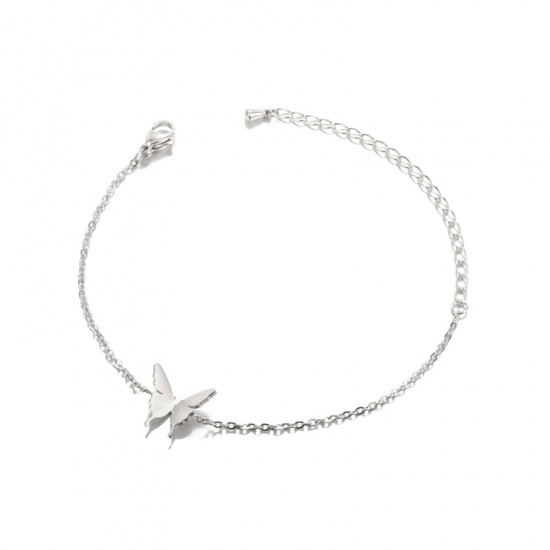 Bild von 304 Edelstahl Stilvoll Erbskette Kette Armband Silberfarbe Schmetterling 14.5cm lang, 1 Strang