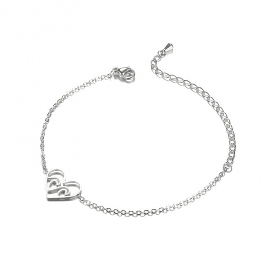 Bild von 304 Edelstahl Stilvoll Erbskette Kette Armband Silberfarbe Herz 14.5cm lang, 1 Strang