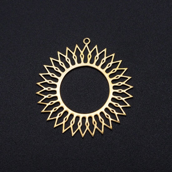 Immagine di 201 Acciaio Inossidabile Ciondoli Tondo Oro Placcato Sole Filigrana 39mm x 37mm, 1 Pz