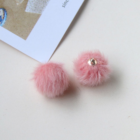 Bild von Plush Charms Pom Pom Ball Gold Plated Pink Round Imitation Sable Fur 18mm x 18mm, 10 PCs