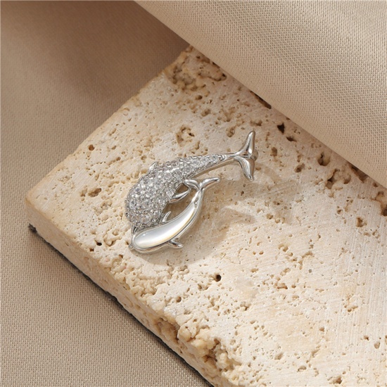 Immagine di Copper Ocean Jewelry Charms Dolphin Animal Real Platinum Plated Micro Pave Clear Cubic Zirconia 22mm x 11mm, 1 Piece