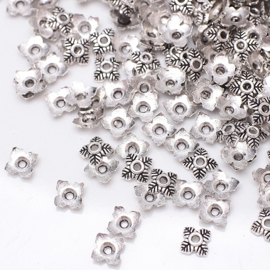 Bild von Zinklegierung Perlkappen Blumen Antiksilber Geschnitzte Muster 6mm D., 100 Stück