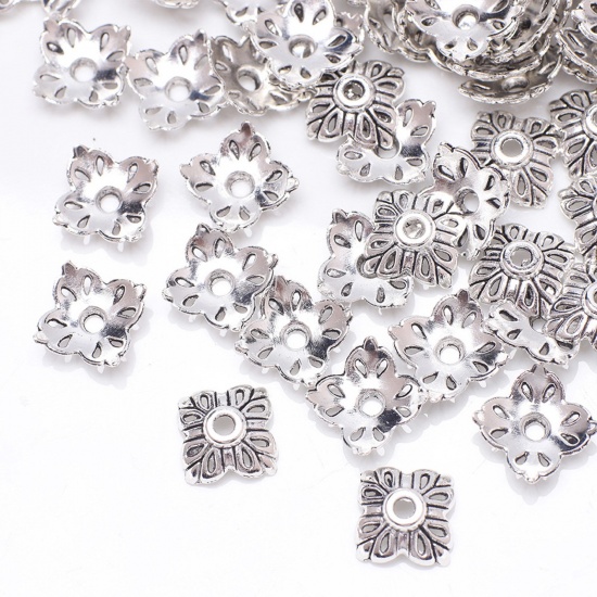 Bild von Zinklegierung Perlkappen Blumen Antiksilber Geschnitzte Muster 12mm D., 100 Stück