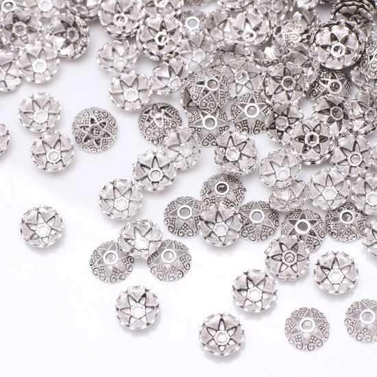 Bild von Zinklegierung Perlkappen Blumen Antiksilber Geschnitzte Muster 8mm D., 100 Stück