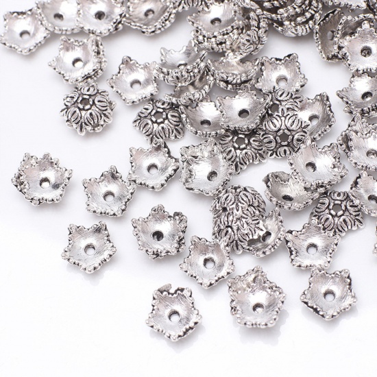 Bild von Zinklegierung Perlkappen Blumen Antiksilber Geschnitzte Muster 10mm D., 100 Stück