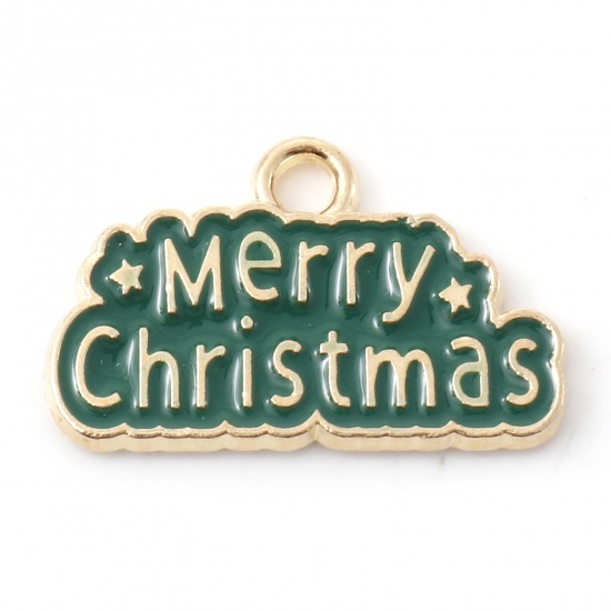 Imagen de Zamak Navidad Colgantes Charms Chapado en Oro Verde Mensaje " ¡Feliz Navidad! " Esmalte 20mm x 12.5mm, 10 Unidades