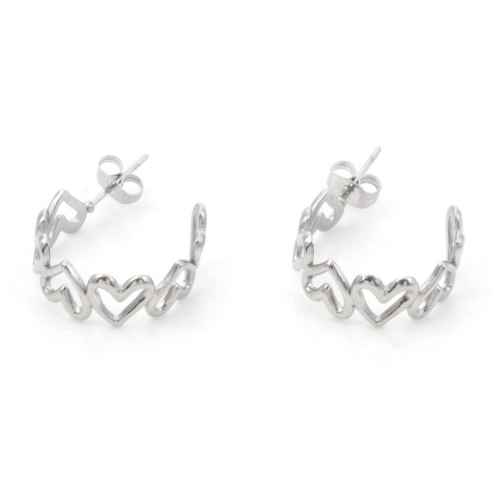 Picture of 316 Stainless Steel Stylish Hoop Earrings Silver Tone C Shape Heart 25mm x 20mm, Post/ Wire Size: (20 gauge), 1 Pair