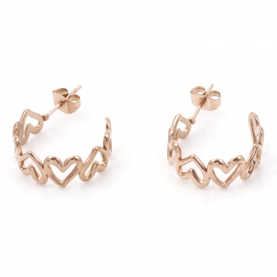 Picture of 316 Stainless Steel Stylish Hoop Earrings Rose Gold C Shape Heart 25mm x 20mm, Post/ Wire Size: (20 gauge), 1 Pair