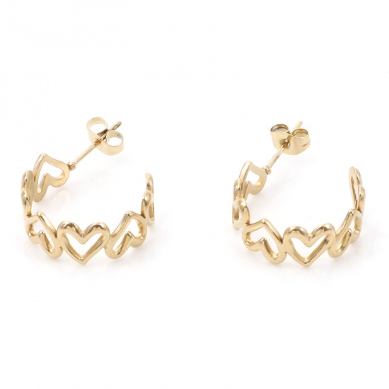 Picture of 316 Stainless Steel Stylish Hoop Earrings Gold Plated C Shape Heart 25mm x 20mm, Post/ Wire Size: (20 gauge), 1 Pair