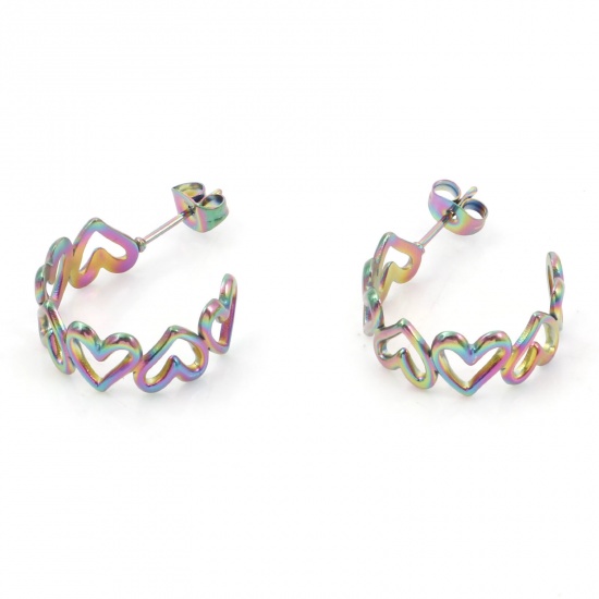 Picture of 316 Stainless Steel Stylish Hoop Earrings Multicolor C Shape Heart 25mm x 20mm, Post/ Wire Size: (20 gauge), 1 Pair