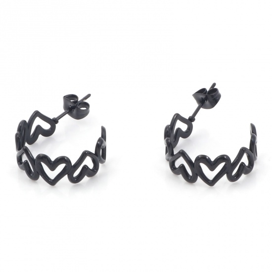 Picture of 316 Stainless Steel Stylish Hoop Earrings Black C Shape Heart 25mm x 20mm, Post/ Wire Size: (20 gauge), 1 Pair