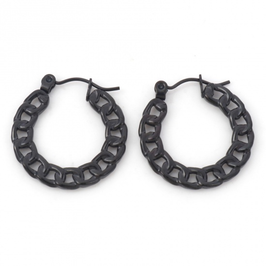 Bild von 316 Stainless Steel Earrings Black Link Chain Circle Ring 24mm x 22mm, Post/ Wire Size: (21 gauge), 1 Pair