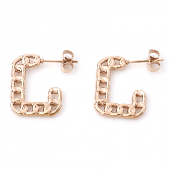 Immagine di 316 Acciaio inossidabile Elegante orecchino cerchio Oro Rosa Catena a Maglie Rettangolo 19.5mm x 19.5mm, Posta / Filo Dimensione: (20 misura), 1 Paio