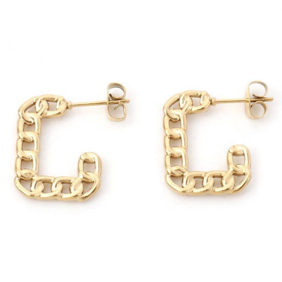 Immagine di 316 Acciaio inossidabile Elegante orecchino cerchio Oro Placcato Catena a Maglie Rettangolo 19.5mm x 19.5mm, Posta / Filo Dimensione: (20 misura), 1 Paio