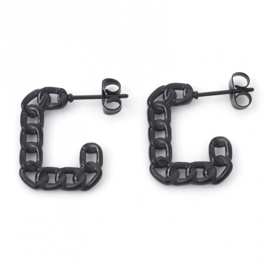 Immagine di 316 Acciaio inossidabile Elegante orecchino cerchio Nero Catena a Maglie Rettangolo 19.5mm x 19.5mm, Posta / Filo Dimensione: (20 misura), 1 Paio