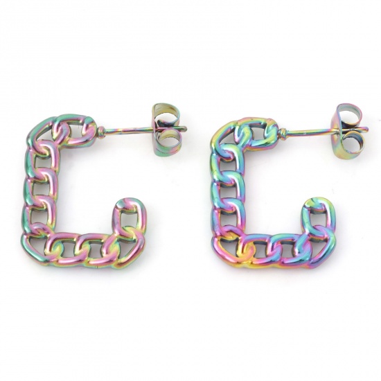 Immagine di 316 Acciaio inossidabile Elegante orecchino cerchio Multicolore Catena a Maglie Rettangolo 19.5mm x 19.5mm, Posta / Filo Dimensione: (20 misura), 1 Paio