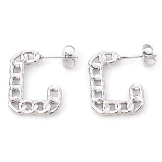 Immagine di 316 Acciaio inossidabile Elegante orecchino cerchio Tono Argento Catena a Maglie Rettangolo 19.5mm x 19.5mm, Posta / Filo Dimensione: (20 misura), 1 Paio