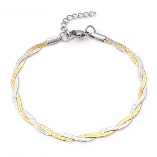 Picture of 304 Stainless Steel Snake Chain Bracelets Gold Plated & Silver Tone Braided 18.5cm(7 2/8") long, 1 Piece
