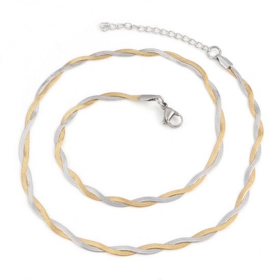 Imagen de 304 Acero Inoxidable Cadena Serpiente Collares Trenzado Oro Plateado & Tono Plata 45cm longitud, 1 Unidad