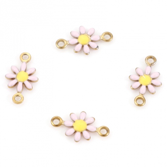 Picture of 304 Stainless Steel Connectors Gold Plated Light Pink Daisy Flower Enamel 13mm x 7.5mm, 10 PCs