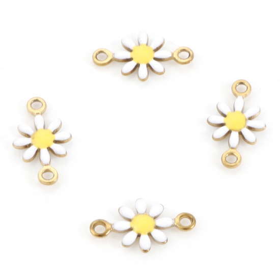 Image de Connecteurs en 304 Acier Inoxydable Marguerite Doré Blanc Émail 13mm x 7.5mm, 10 Pcs