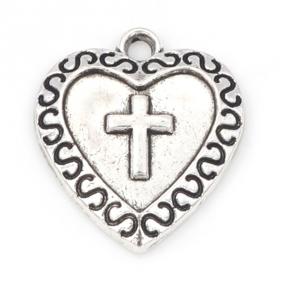 Picture of Zinc Based Alloy Religious Charms Antique Silver Color Heart Cross 19mm x 16.5mm, 50 PCs