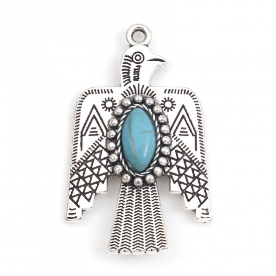 Picture of Zinc Based Alloy Boho Chic Bohemia Pendants Antique Silver Color Green Blue Thunderbird With Resin Cabochons Imitation Turquoise 3.7cm x 2.2cm, 5 PCs