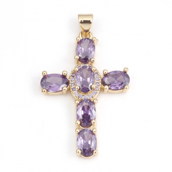 Immagine di Rame Religione Ciondoli Oro Placcato Colore Viola Croce 4cm x 2.3cm, 1 Pz