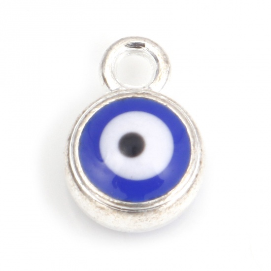 Imagen de Zamak Religión Colgantes Charms Ronda Plata Antigua Azul Mal de ojo Con Cabochons de la Resina 9.5mm x 7mm, 10 Unidades